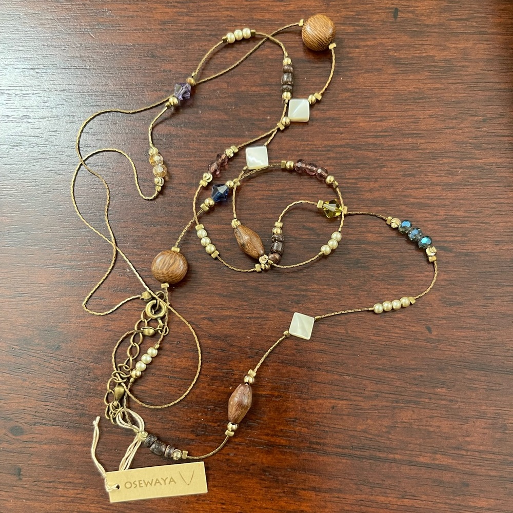 Japanese multi gem & wood antiqued brass long necklace